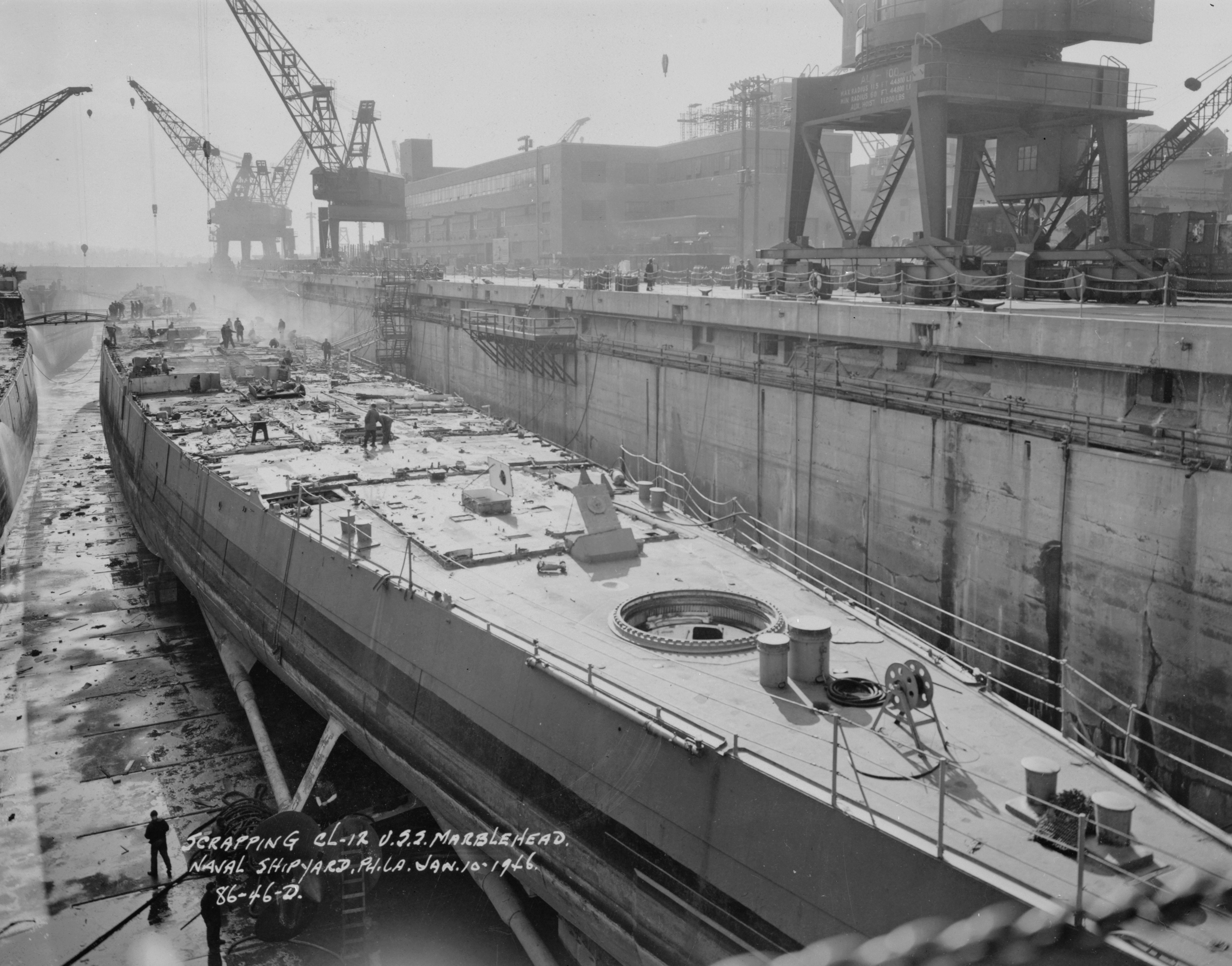 Scrapping of Marblehead in Dry Dock No. 4, Philadelphia Navy Yard, Philadelphia, Pennsylvania, United States, 10 Jan 1946