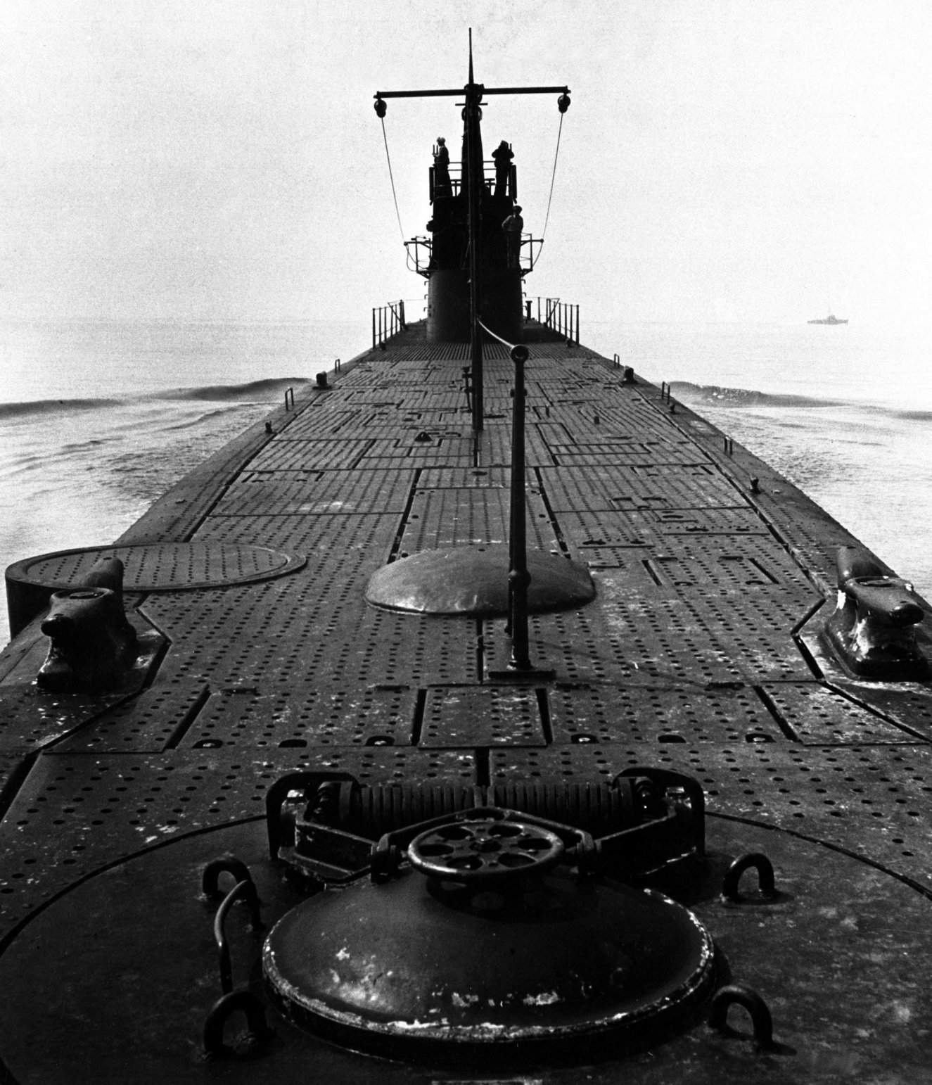 Looking forward along deck from stern of USS Marlin, off coast of New London, Connecticut, United States, Aug 1943