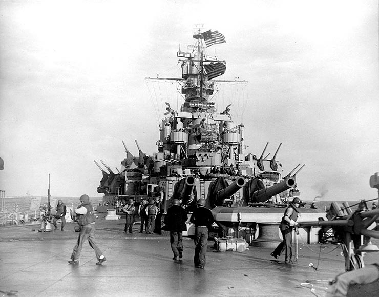 View looking forward from battleship Massachusetts' after deck during lull of battle, off Casablanca, Morocco, 8 Nov 1942