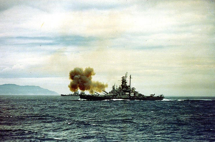 Battleship Indiana, battleship Massachusetts, and cruiser Quincy bombarding Kamaishi, Iwate, Japan, 14 Jul 1945