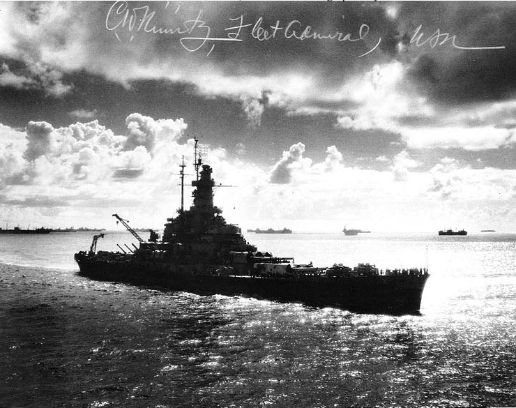 Battleship Massachusetts sailing into Ulithi anchorage in the Caroline Islands, 24 Nov 1944; note autograph of Chester Nimitz