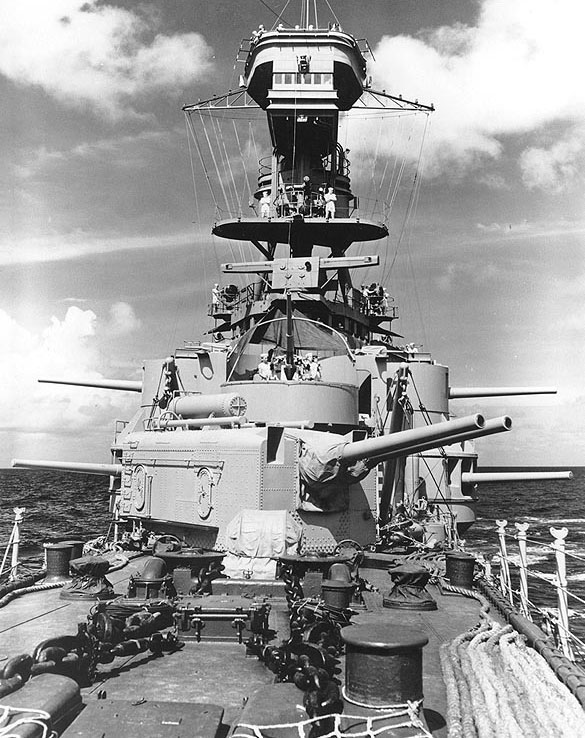 View of Memphis' superstructure from the bow, South Atlantic, circa 1941-1942