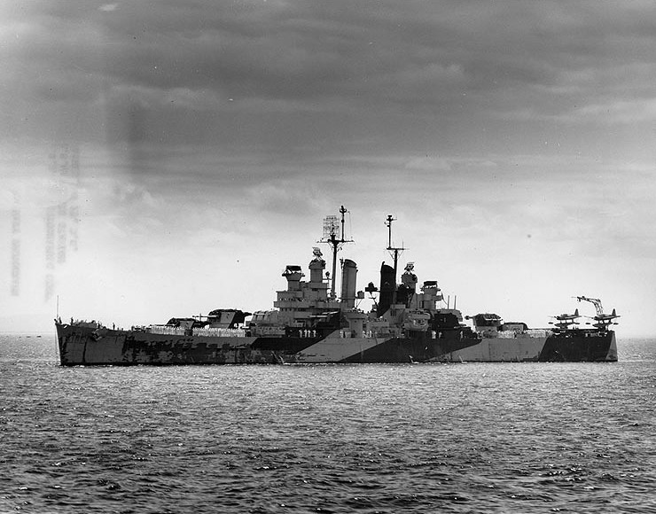 USS Miami at Trinidad, British West Indies during her shakedown cruise, 19 Feb 1944; note worn Camouflage Measure 32 Design 1d