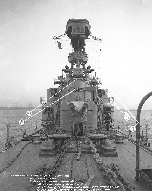 View of USS Milwaukee's forward superstructure, at New York Navy Yard, United States, 7 Jan 1942