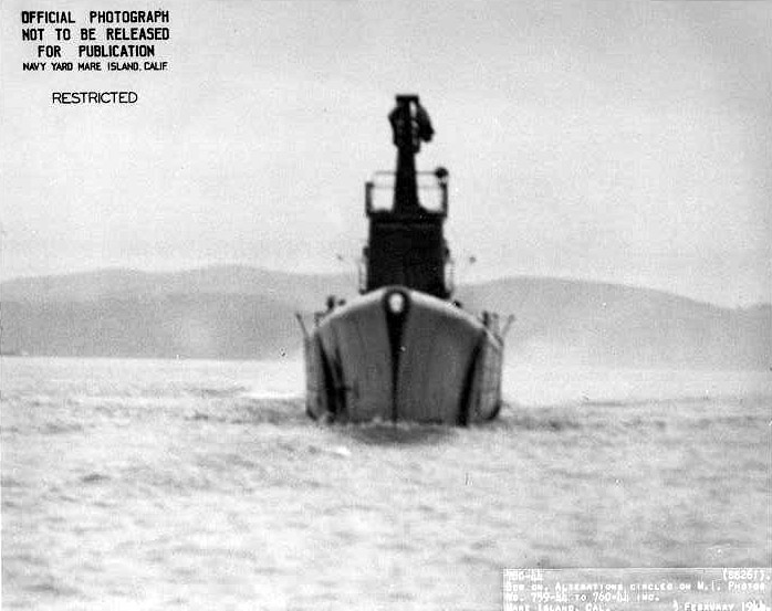 Bow view of USS Mingo, off Mare Island Naval Shipyard, California, United States, 3 Feb 1944