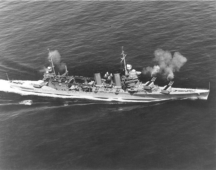 USS Minneapolis firing her 8-in main guns during gunnery practice, 29 Mar 1939