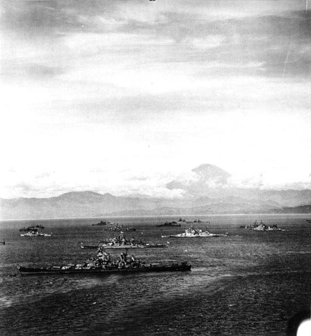 Battleships Missouri, Duke of York, King George V, and Colorado in Sagami Bay, Japan, 28 Aug 1945; note Mount Fuji in background