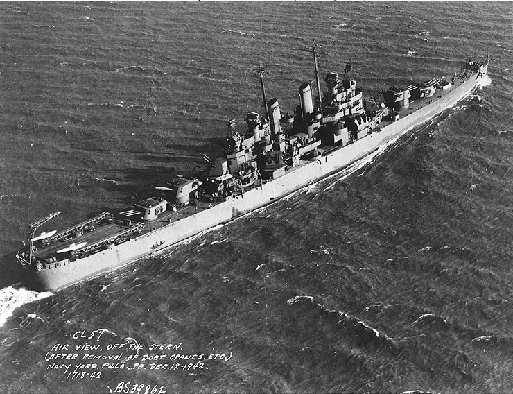 Light cruiser Montpelier underway near Philadelphia Navy Yard, Pennsylvania, United States, probably in the Delaware River or Delaware Bay, 12 Dec 1942