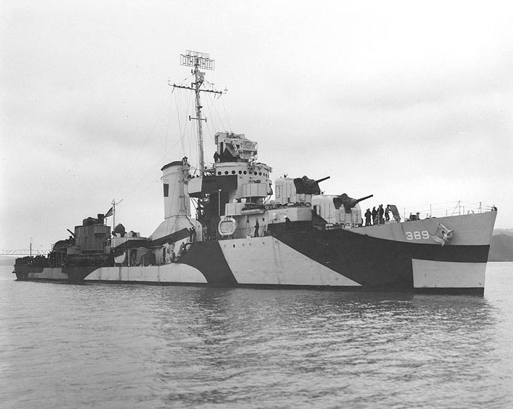 Mugford off the Mare Island Navy Yard, California, United States, 28 Apr 1944; note US Navy camouflage Measure 32, Design 1d