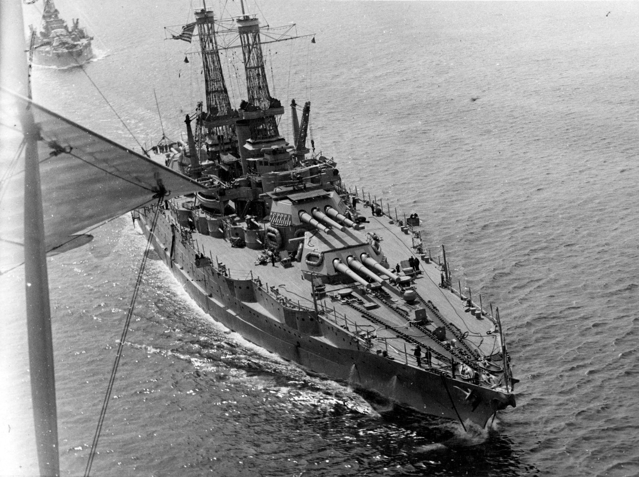 New Mexico photographed from an airplane, while steaming in line with other battleships, 13 Apr 1919