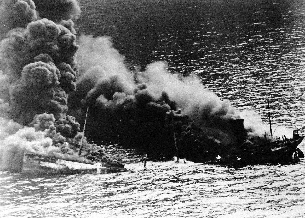 US tanker Dixie Arrow burning after being torpedoed by German submarine U-71, off North Carolina, United States, 26 Mar 1942