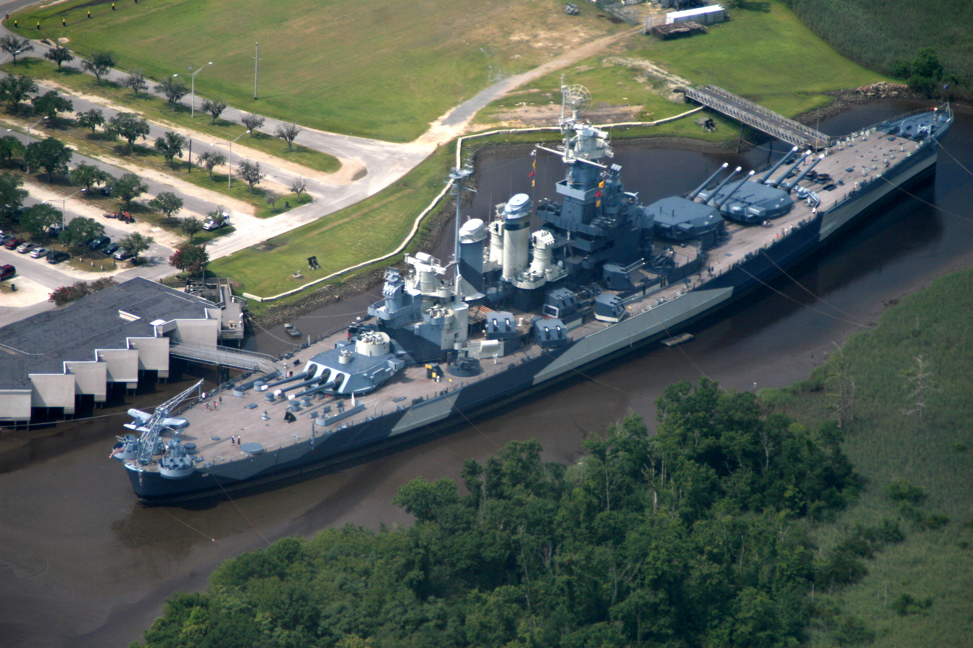 Aerial view of museum ship North Carolina, Wilmington, North Carolina, United States, 20 Jul 2006