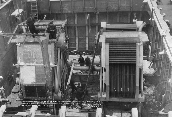 View of North Carolina's No. 2 Machinery Space during the ship's construction, New York Navy Yard, Brooklyn, New York, United States, 16 Jan 1939
