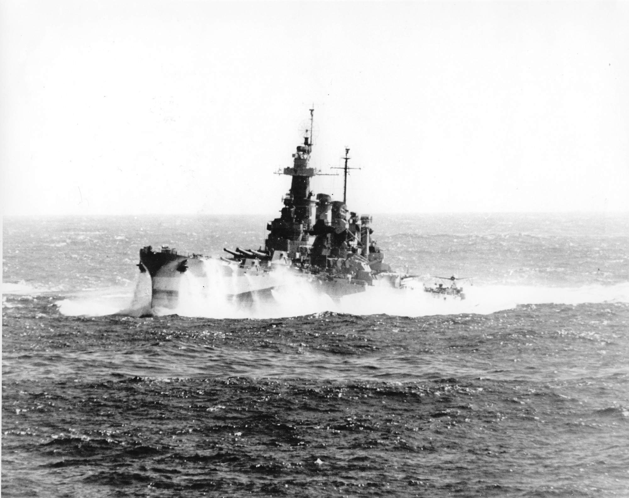 USS North Carolina in heavy seas, off the Philippine Islands, 12 Dec 1944, photo 1 of 2