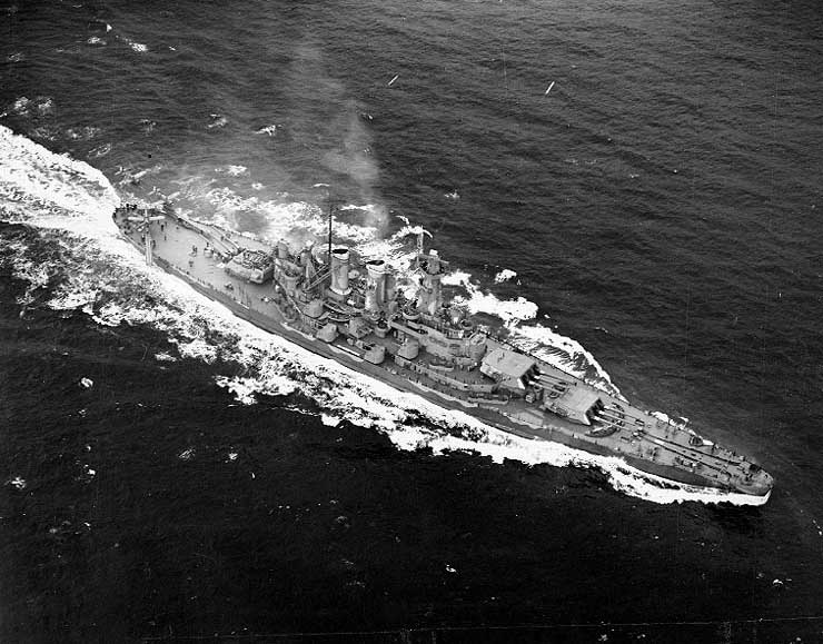 Aerial view of USS North Carolina, off the US east coast, 17 Apr 1942, photo 3 of 3