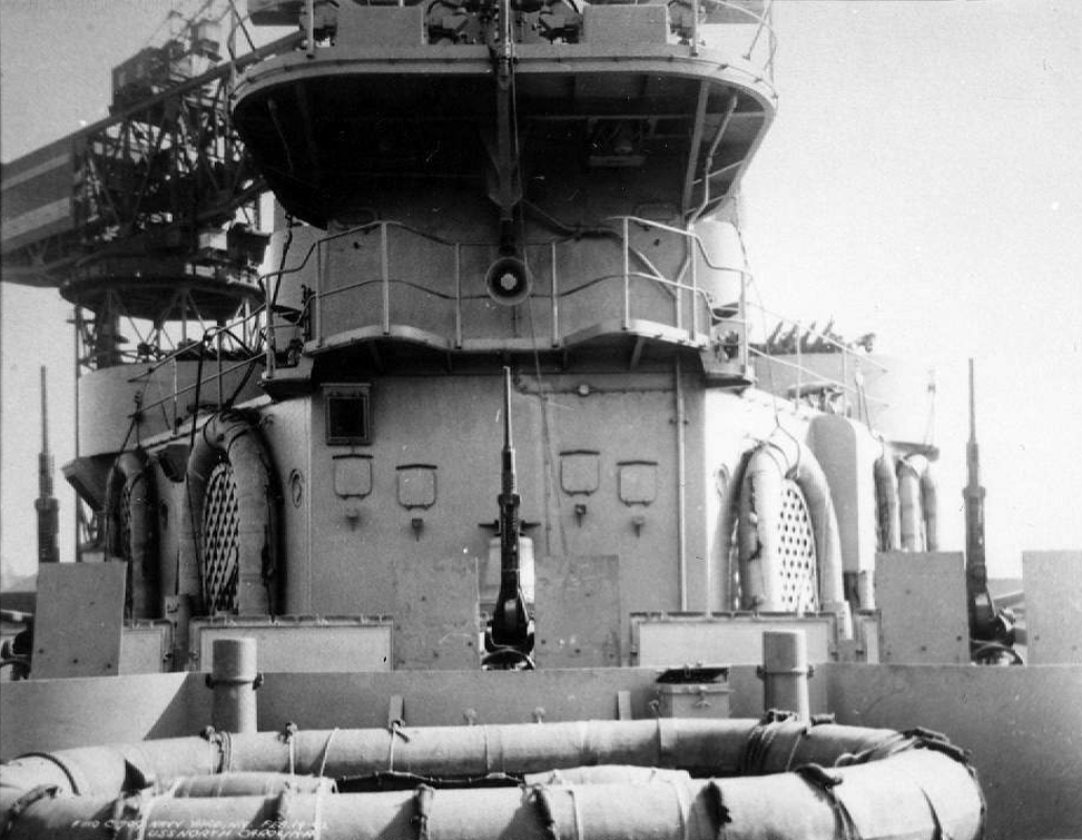 Close-up view of USS North Carolina's superstructure while the ship was at New York Navy Yard, Brooklyn, New York, United States, Feb 1942; note 20mm Oerlikon cannon