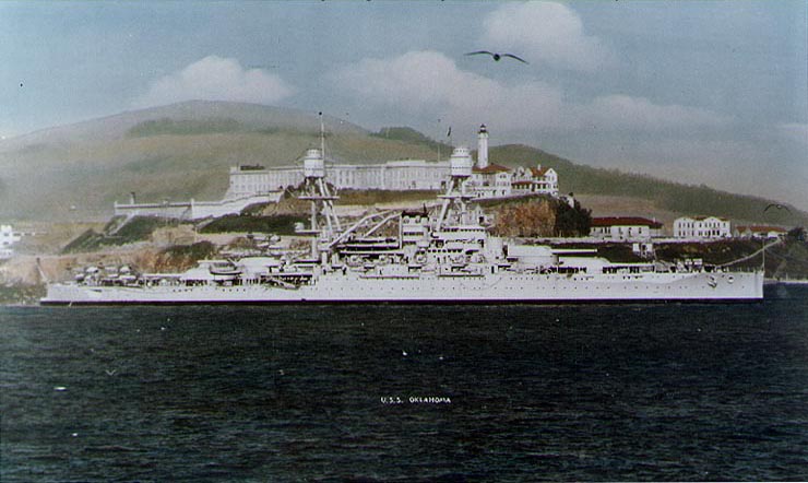 USS Oklahoma passing Alcatraz island, San Francisco Bay, California, United States, 1930s