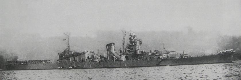 Light cruiser Oyodo at Kure Naval Arsenal, Japan, circa 28 Feb 1943; note the 45m large catapult at stern which was later removed during conversion