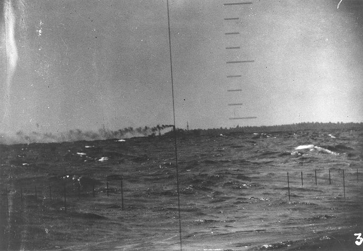 Wotje Atoll, Marshall Islands seen through the periscope of USS Pollack, mid-May 1943