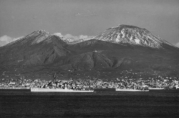 Preston and Irwin anchored off Naples, Italy, circa 1955