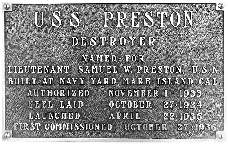 Preston's ship data plaque, photographed at the Mare Island Navy Yard, California, United States, circa 1937