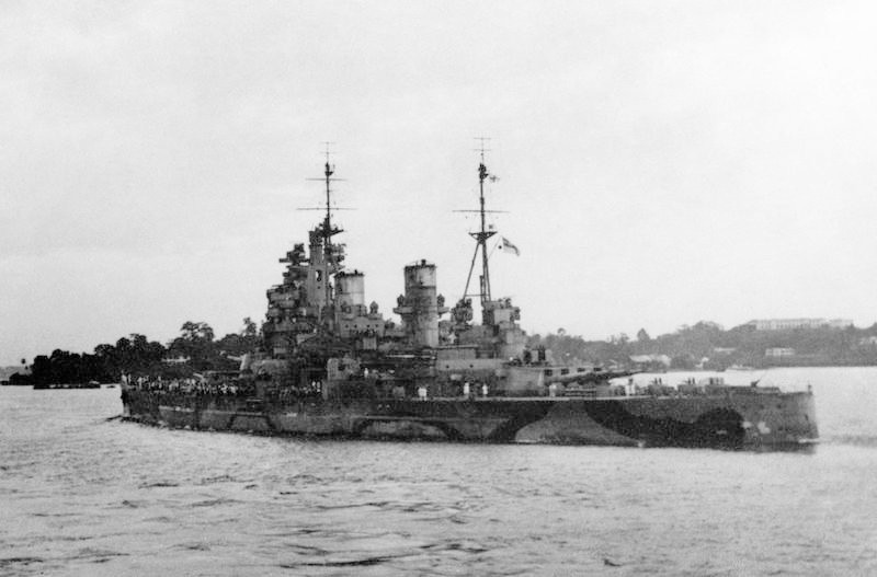 British battleship HMS Prince of Wales leaving Singapore, 8 Dec 1941