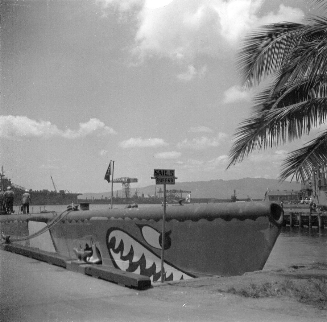USS Puffer at US Territory of Hawaii, circa 1940s; note shark mouth painting
