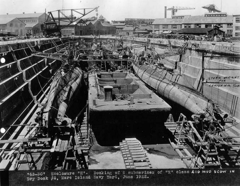 Submarines R-1, R-2, R-3, R-4, R-5, R-7, R-8, and R-10 in Dry Dock #2 of Mare Island Naval Shipyard, California, United States, 8 May to 10 Jun 1922