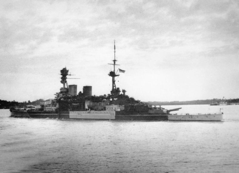 Battlecruiser HMS Repulse leaving the port of Singapore, 8 Dec 1941, two days before she was to be sunk