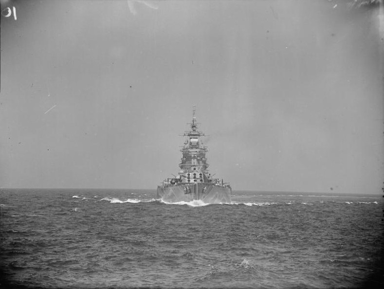 HMS Rodney underway in the Mediterranean Sea, date unknown; photo taken from HMS Formidable