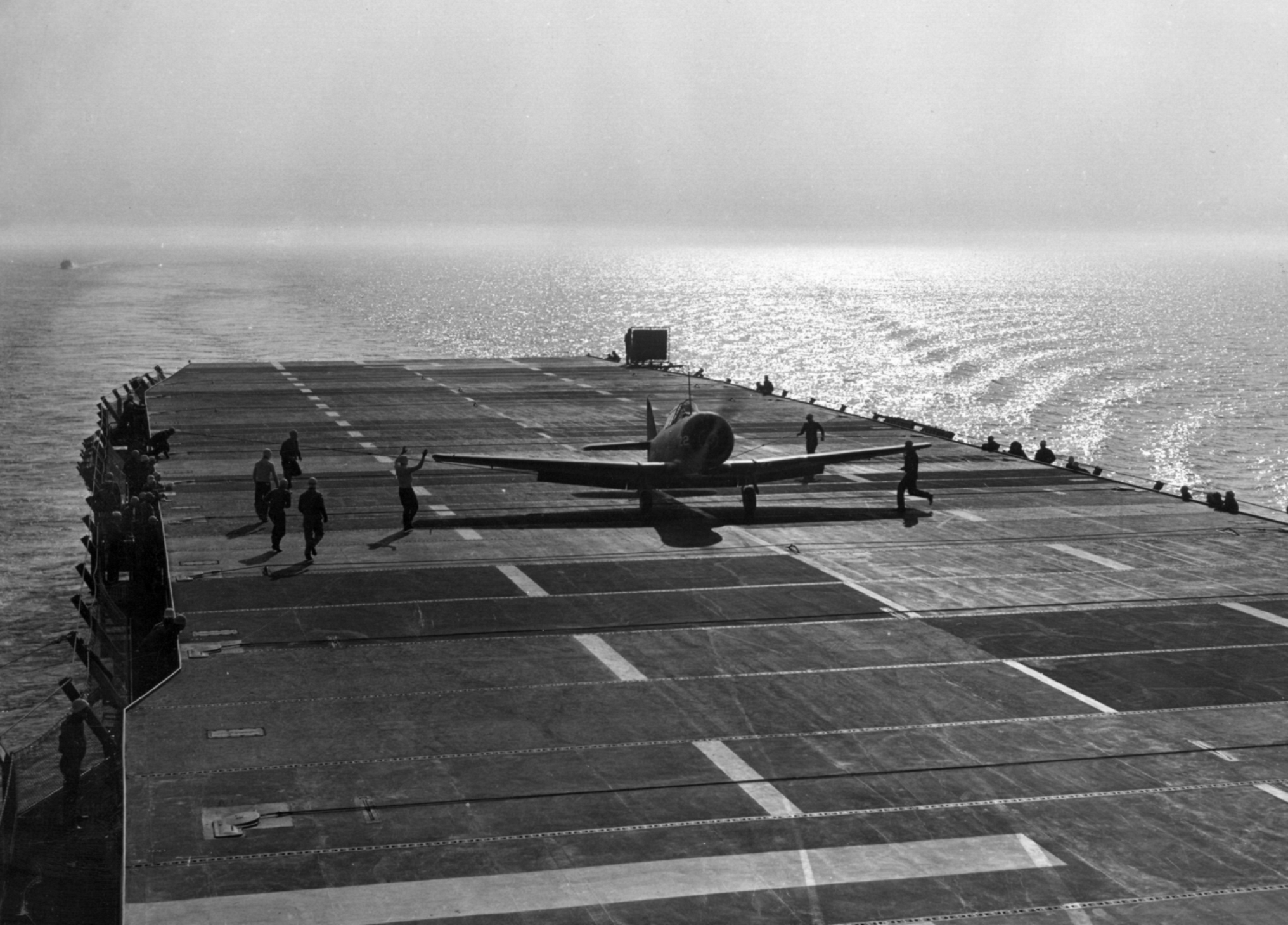 SNJ Texan aircraft having just landed on USS Sable, Lake Michigan, United States, 10 Jun 1943