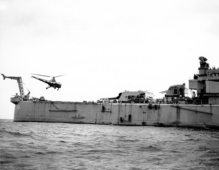 HO3S-1 helicopter landing on USS Saint Paul off Wonsan, Kangwon Province, Korea, 17 Apr 1951