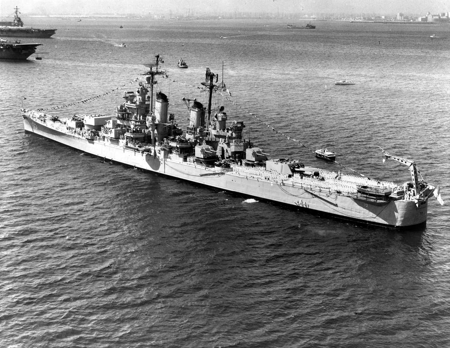 USS Saint Paul, USS Bennington, and another carrier at the First Fleet Review, Long Beach Harbor, California, United States, 14 Sep 1956