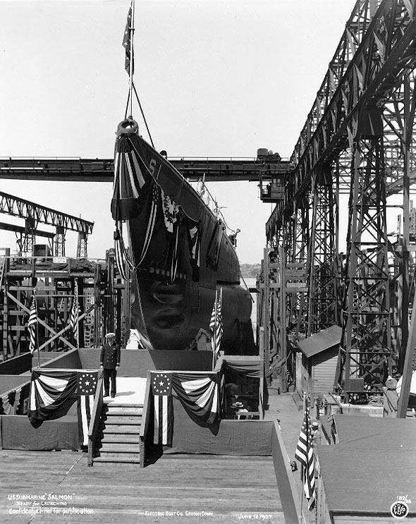 Salmon ready for launching at the Electric Boat Company shipyard, Groton, Connecticut, United States, 12 Jun 1937