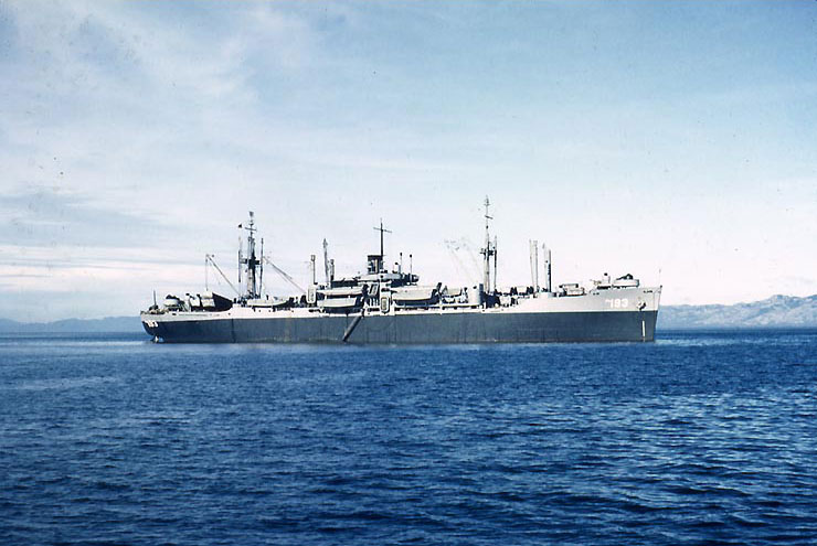 USS Sanborn (APA-193) at anchor, circa late-1944 or 1945, photo 1 of 4