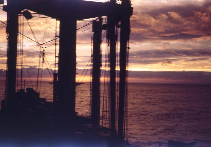 Sunset over the Pacific, seen through Sanborn's forward kingposts, circa late 1944 or in 1945