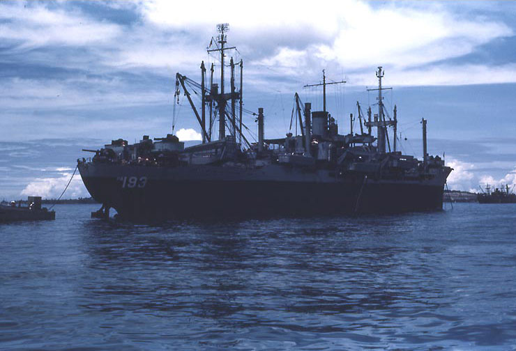 USS Sanborn (APA-193) in harbor at dawn or dusk, circa late-1944 or 1945, photo 2 of 4
