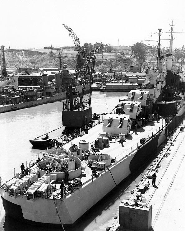 USS San Diego at Mare Island Naval Shipyard, Vallejo, California, United States, 9 Apr 1944, photo 2 of 2; note camouflage Measure 33, Design 24d; USS Cassin in background