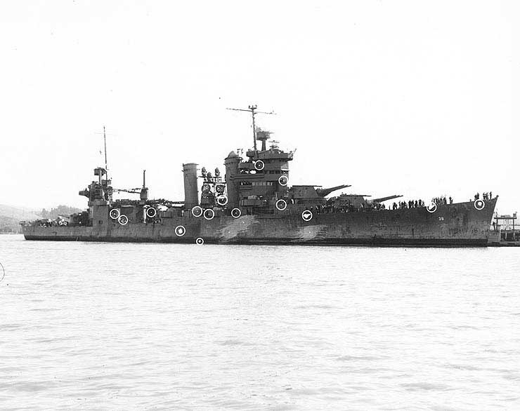 San Francisco off Mare Island Navy Yard, 14 Dec 1942; circles marked damage of 1st Bat of Guadalcanal