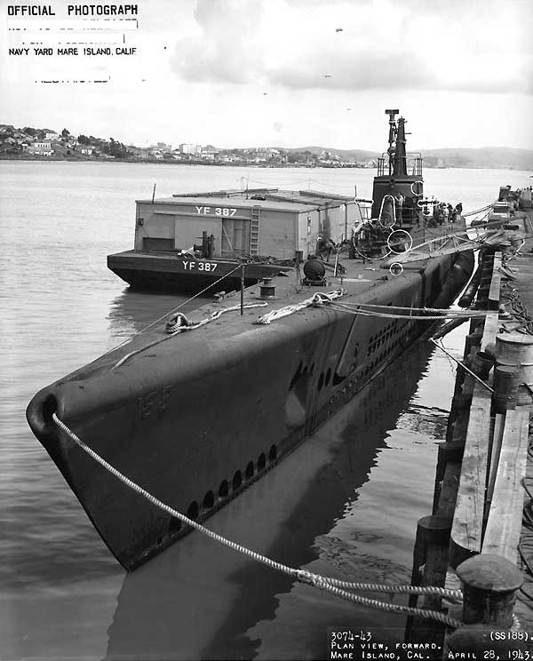 Sargo at Mare Island Navy Yard, 28 Apr 1943, white outline indicate recent alterations, photo 1 of 2