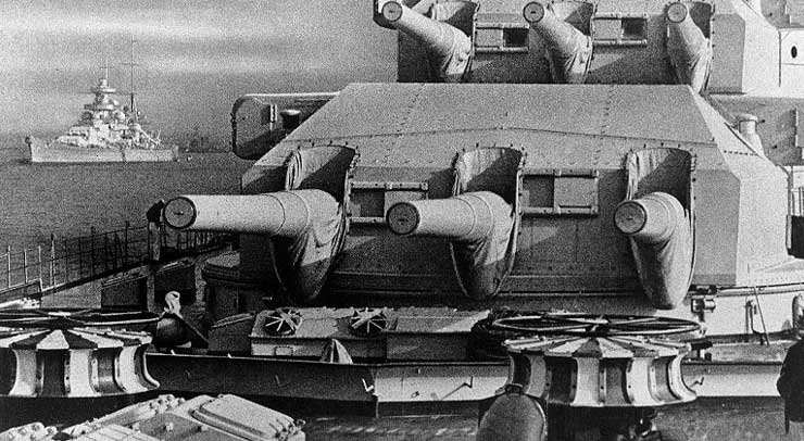Close-up of Gneisenau's forward 280mm gun turrets, date unknown; Scharnhorst seen in background