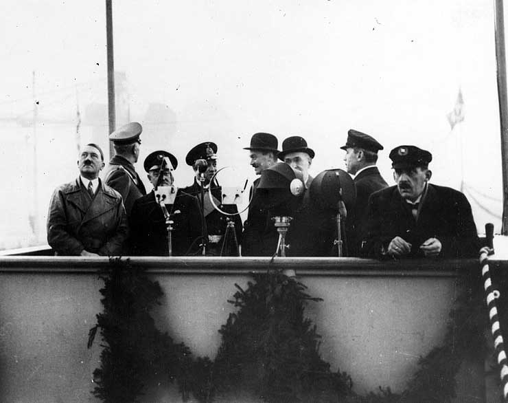 Hitler, Blomberg, and Raeder at Scharnhorst's launching ceremony, Wilhelmshaven, Germany, 3 Oct 1936