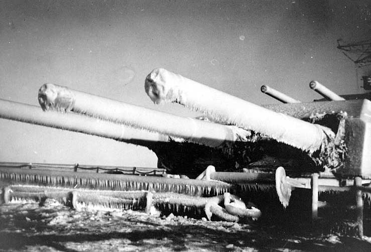 Scharnhorst's forward guns frozen in ice, Baltic Sea, circa Jan 1940