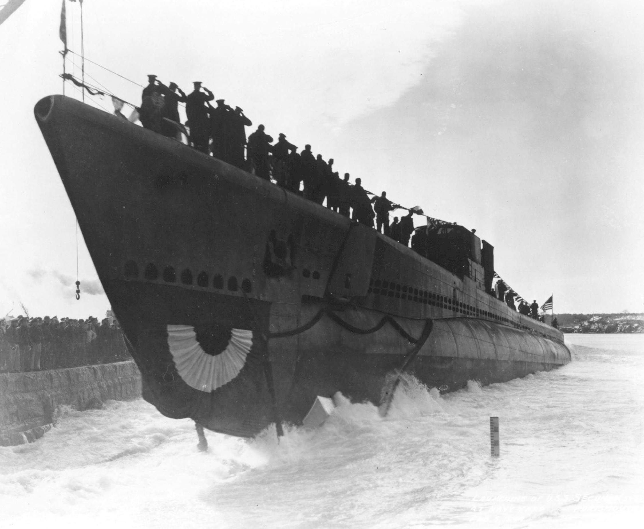 Launching of submarine Segundo, Portsmouth Navy Yard, Kittery, Maine, United States, 5 Feb 1944