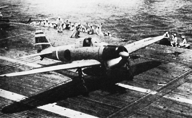 A6M2 Model 21 Zero fighter of Lieutenant Hideki Shingo preparing to take off from carrier Shokaku during Battle of Santa Cruz, 26 Oct 1942