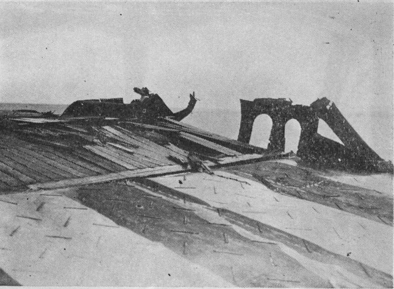 Shokaku's damaged flight deck as the result of bomb hits during Battle of the Coral Sea, Kure, Japan, between 17 May and 27 Jun 1942