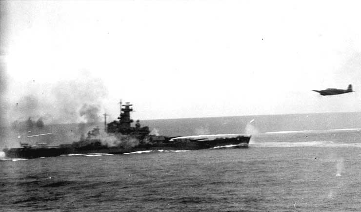 South Dakota and a Japanese torpedo plane 'Kate', Battle of the Santa Cruz Islands, 26 Oct 1942
