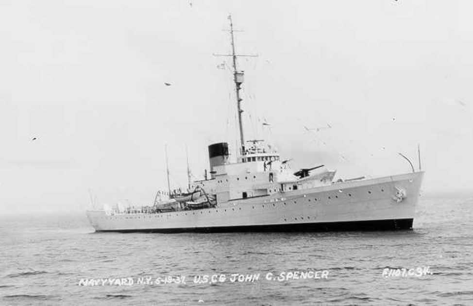 US Coast Guard cutter John C. Spencer departing on her maiden voyage to US Territory of Alaska from New York Navy Yard, New York, United States, 19 May 1937