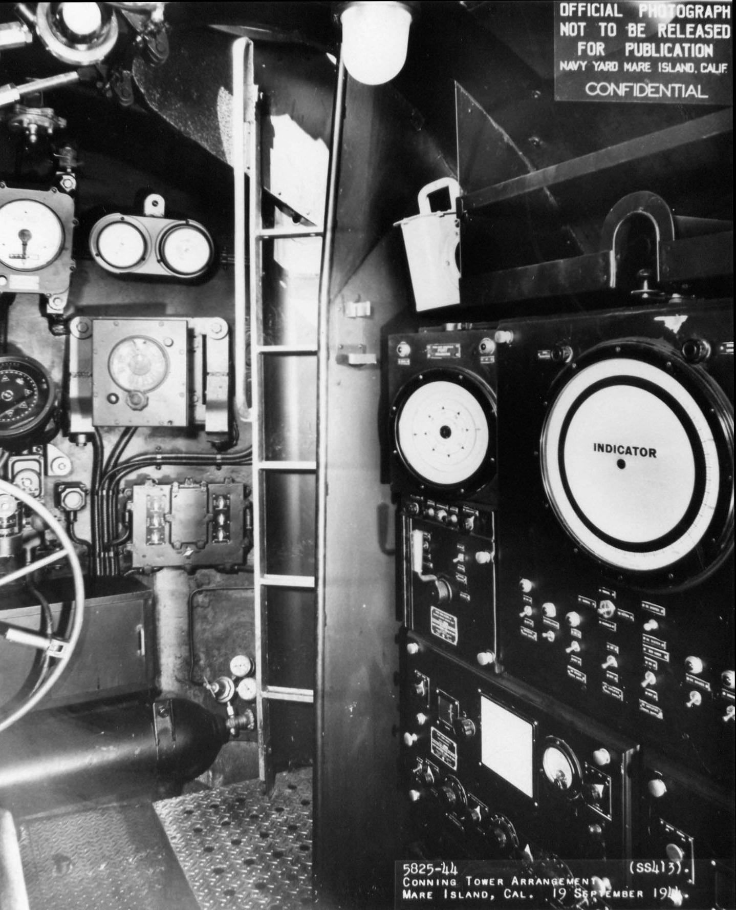 Inside the conning tower of USS Spot, Mare Island Naval Shipyard, Vallejo, California, United States, 19 Sep 1944