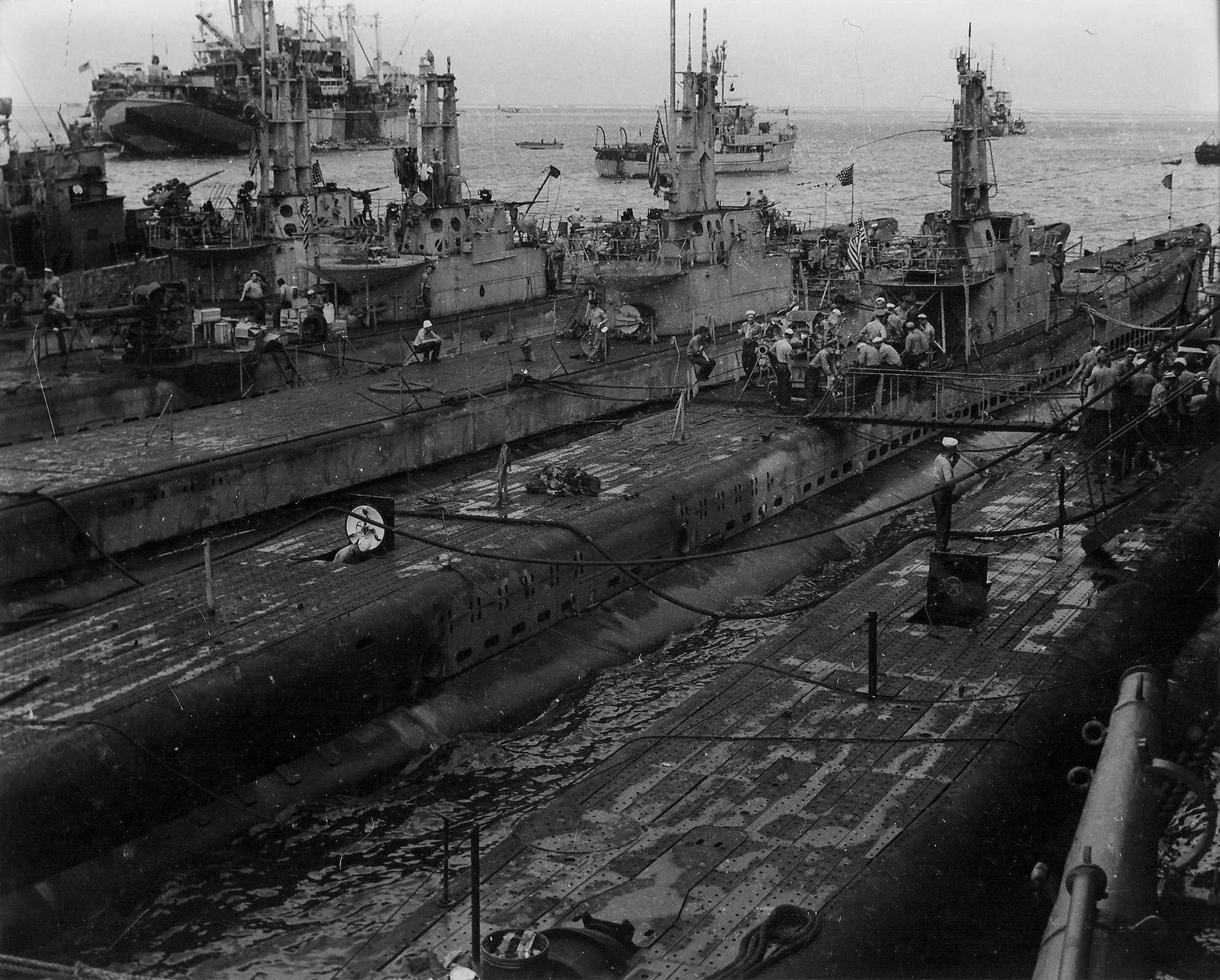 USS Spot, USS Sea Fox, and USS Queenfish at Saipan, Mariana Islands, Mar 1945
